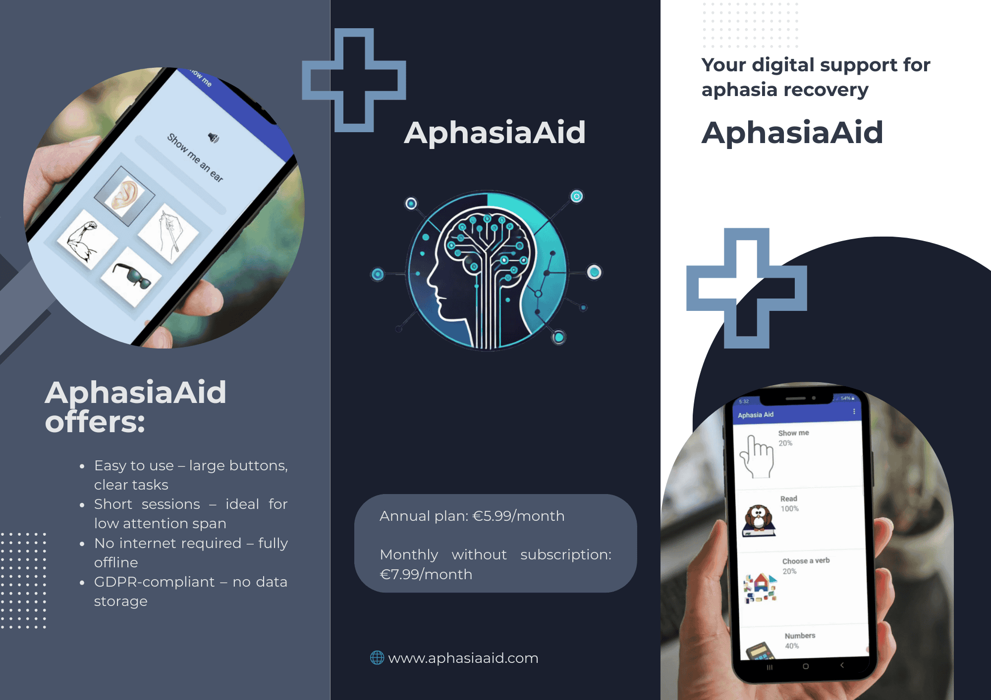 Flyer of the AphasiaAid App – digital support for speech therapy in aphasia, with clear exercises and inclusive design
