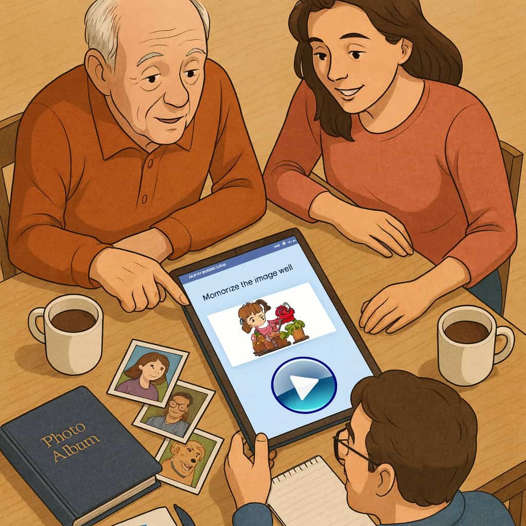 Picture cards, communication board, and tablet with AphasiaAid App on a table