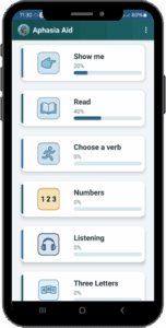 AphasiaAid app main menu on mobile showing large buttons for word exercises, memory training, and arithmetic - designed for easy use after stroke