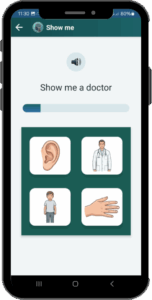 AphasiaAid 'Show Me' exercise - aphasia speech therapy app showing word-to-picture matching on tablet with large buttons for stroke recovery training
