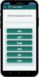 AphasiaAid three-letter matching exercise - concentration training app for stroke patients to identify duplicate words and improve focus