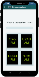 AphasiaAid time comparison exercise - cognitive training for stroke patients to compare clock times and strengthen temporal reasoning