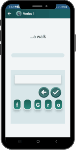 User selects, matches, or completes action words to improve language skills