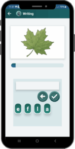 Screenshot of the AphasiaAid app’s writing exercise where users enter words based on images, audio, or prompts