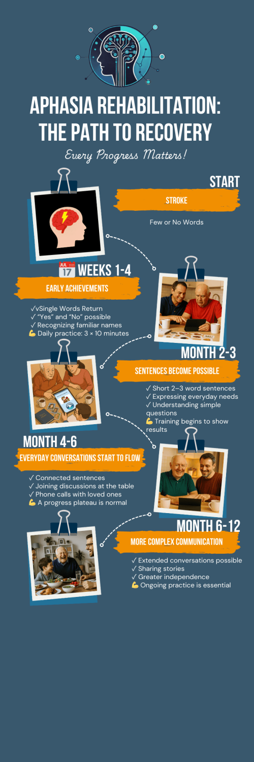 Infographic: Typical rehabilitation course in aphasia over 12 months