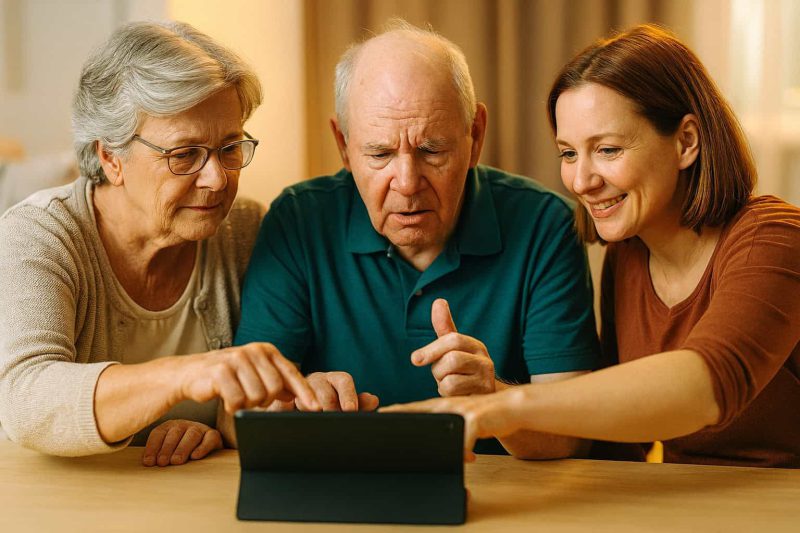 Family members practicing speech exercises with an aphasia patient at the table in a warm, supportive atmosphere